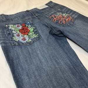 Vintage Roca Wear Women Jeans Dark Wash Embroidered Flowers Straight Legs Size 9